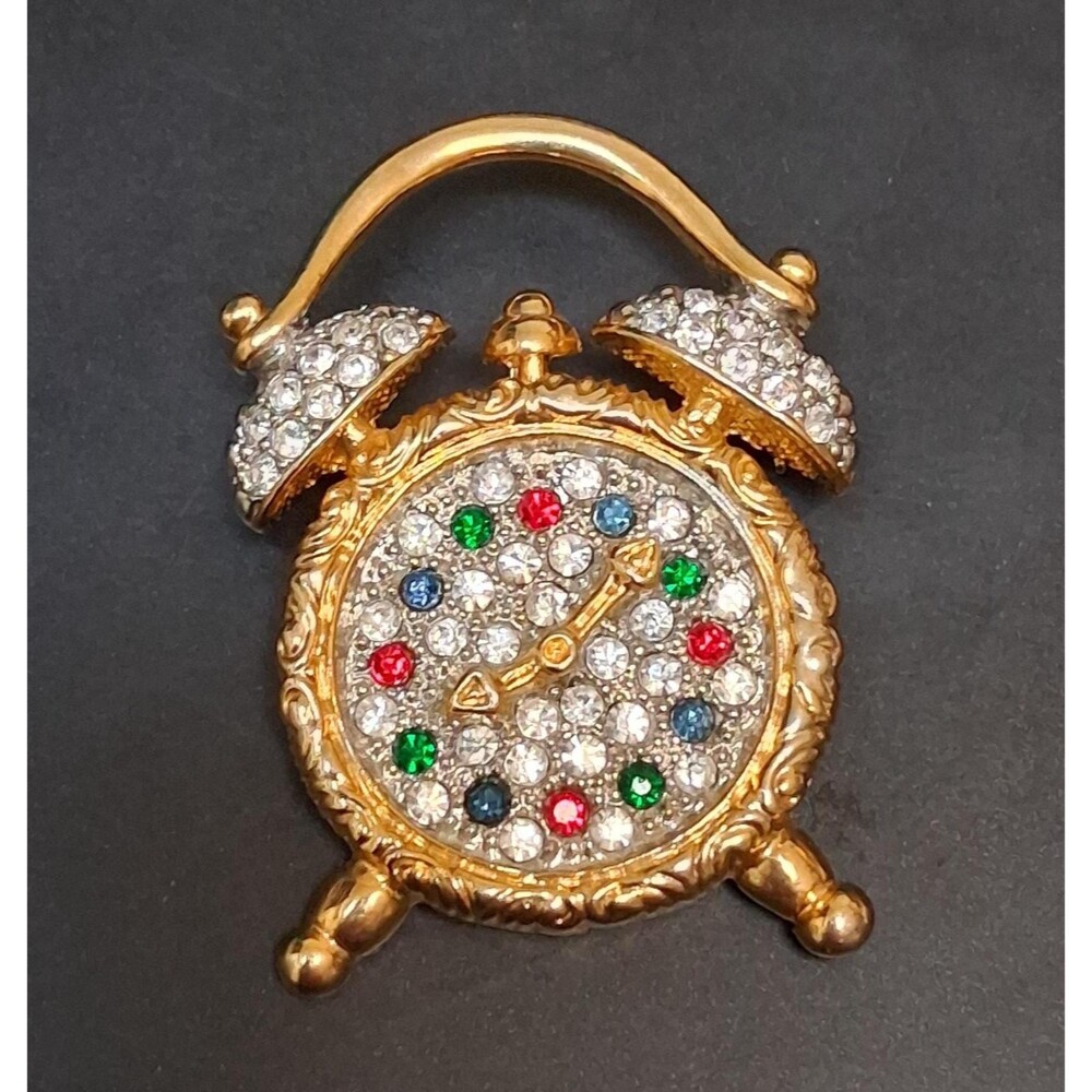 Vintage Rhinestone Clock Brooch - Picture 1 of 3